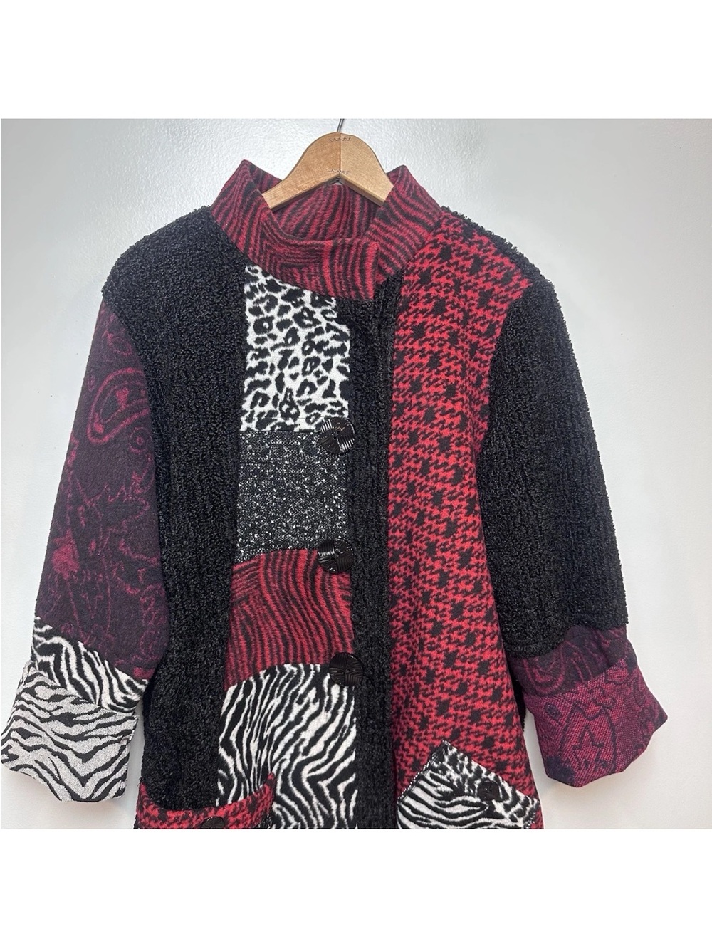 Ali Miles Patchwork Jacket Red Black Mixed Media Artsy Wool Blend - Picture 3 of 15